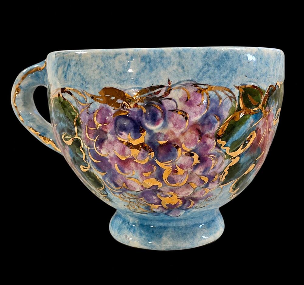Private Studio oversized ceramic mug w raised gilt accents mottled blue glaze.